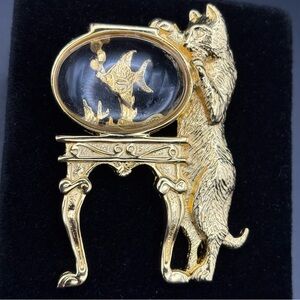 1928 Jewelry Gold -tone Cat & Fishbowl Brooch - Vintage-Style Cat Pin